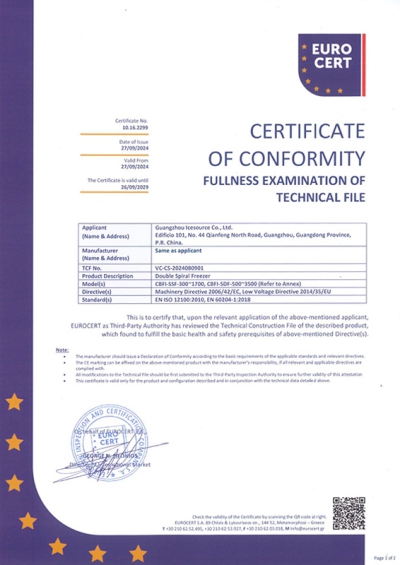 Certificado CE para congelador de doble espiral
