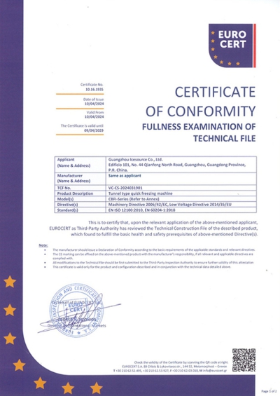Certificado CE para congelador de túnel de congelación rápida