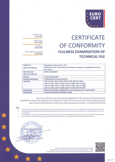Certificado CE para congelador de lecho fluidizado