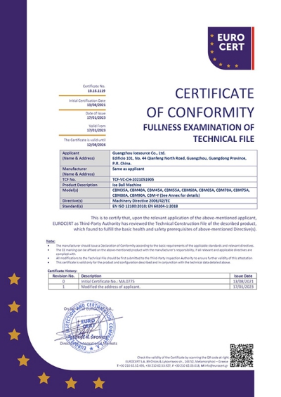 Certificado CE para máquina de hacer hielo en esferas